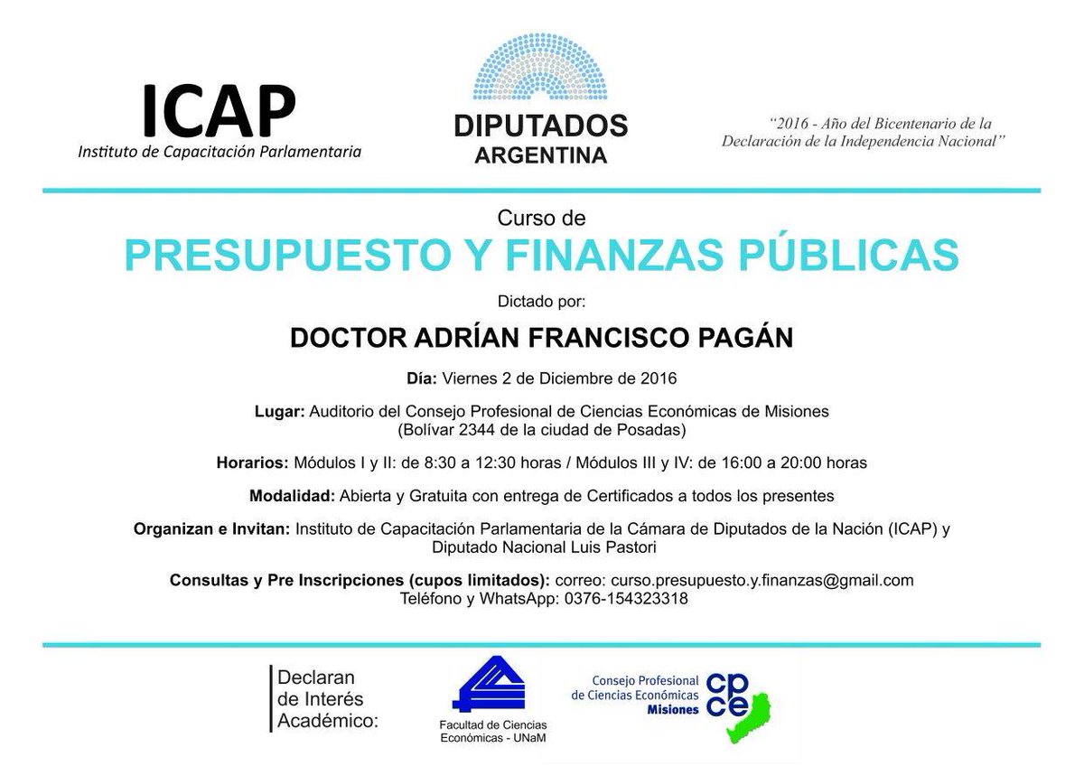 DeFerrariPrensa's tweet photo. Nuevo Curso Presencial en la provincia de Misiones: Presupuesto y Finanzas Públicas
Inscripciones: curso.presupuesto.y.finanzas@gmail.com https://t.co/gyBiRxujop