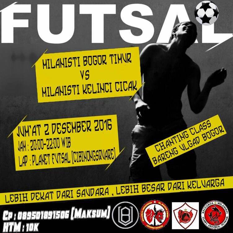FUN FUTSAL
🔴<a href="/KelinciCicak_/">Ciawi Cicurug Puncak</a> vs ⚫️@UlgadBotim 

📍PLANET FUTSAL
🗓JUMAT 2/12/16 
⏰20:00 WIB
💶HTM: 10k
CP: Maksum / 089501891506
<a href="/MilanistiOrId/">Milanisti Indonesia</a>