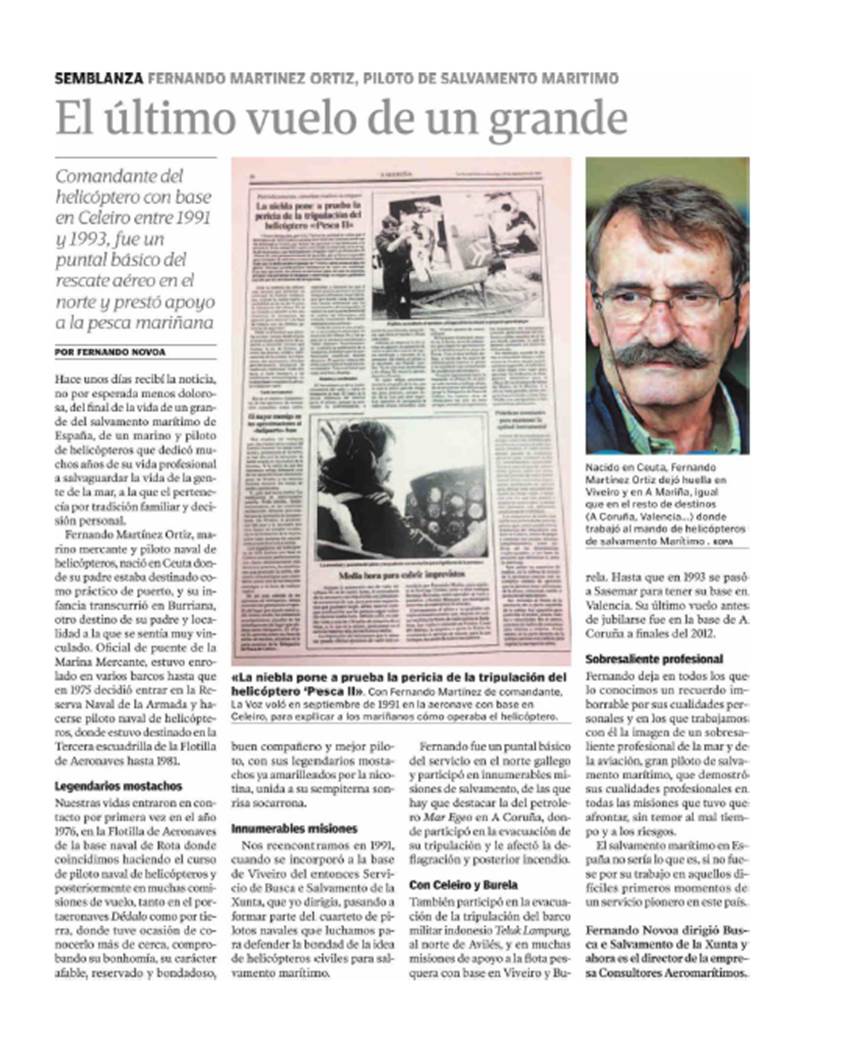 Gracias a <a href="/lavozdegalicia/">La Voz de Galicia</a> por hacerse eco de 'El Último vuelo de un grande', nuestro compañero, el piloto Fernando Martínez Ortiz. D.E.P.