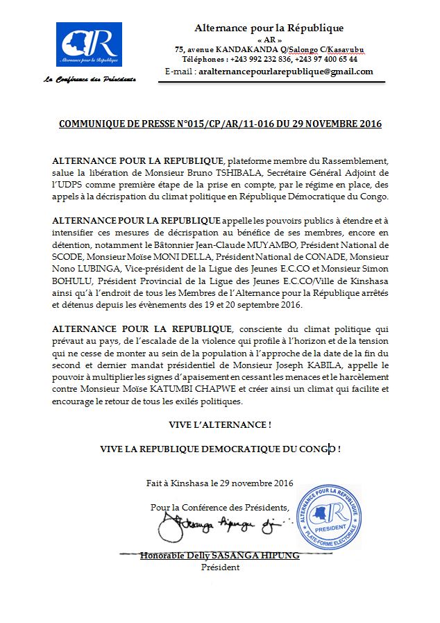 AR_RDC's tweet photo. Communiqué de presse @AR_RDC du 29/11/2016 Saluant la libération de Bruno TSHIBALA et appelant à la libération des Membres AR en détention https://t.co/8CQuICuaxq