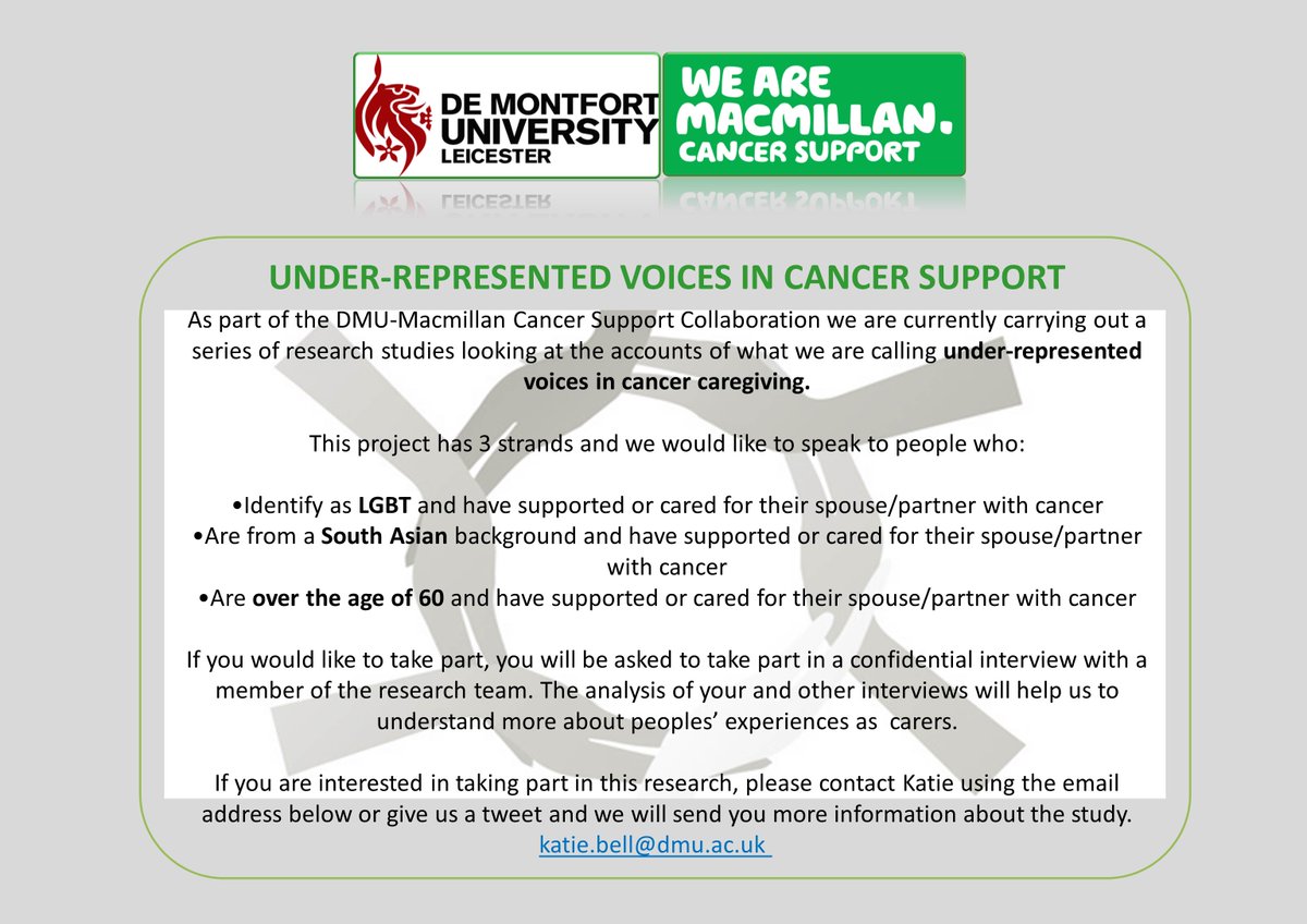 DMUMacResearch's tweet photo. @MacCarers  We are recruiting for our study looking into the experience of supporting or caring for a partner with cancer. Please RT! https://t.co/yHkDWBe8go