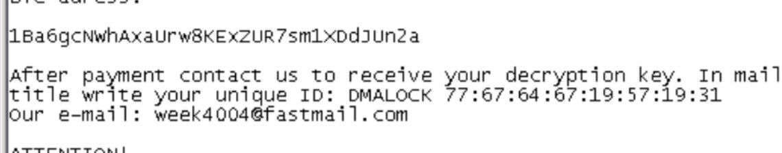 Matt_E_Whiteley's tweet image. Looking for a #dmalocker 3.0 decryption key. Any help is appreciated. #ransomware @jmelika @RodneyKoolman @dma_locker @hasherezade