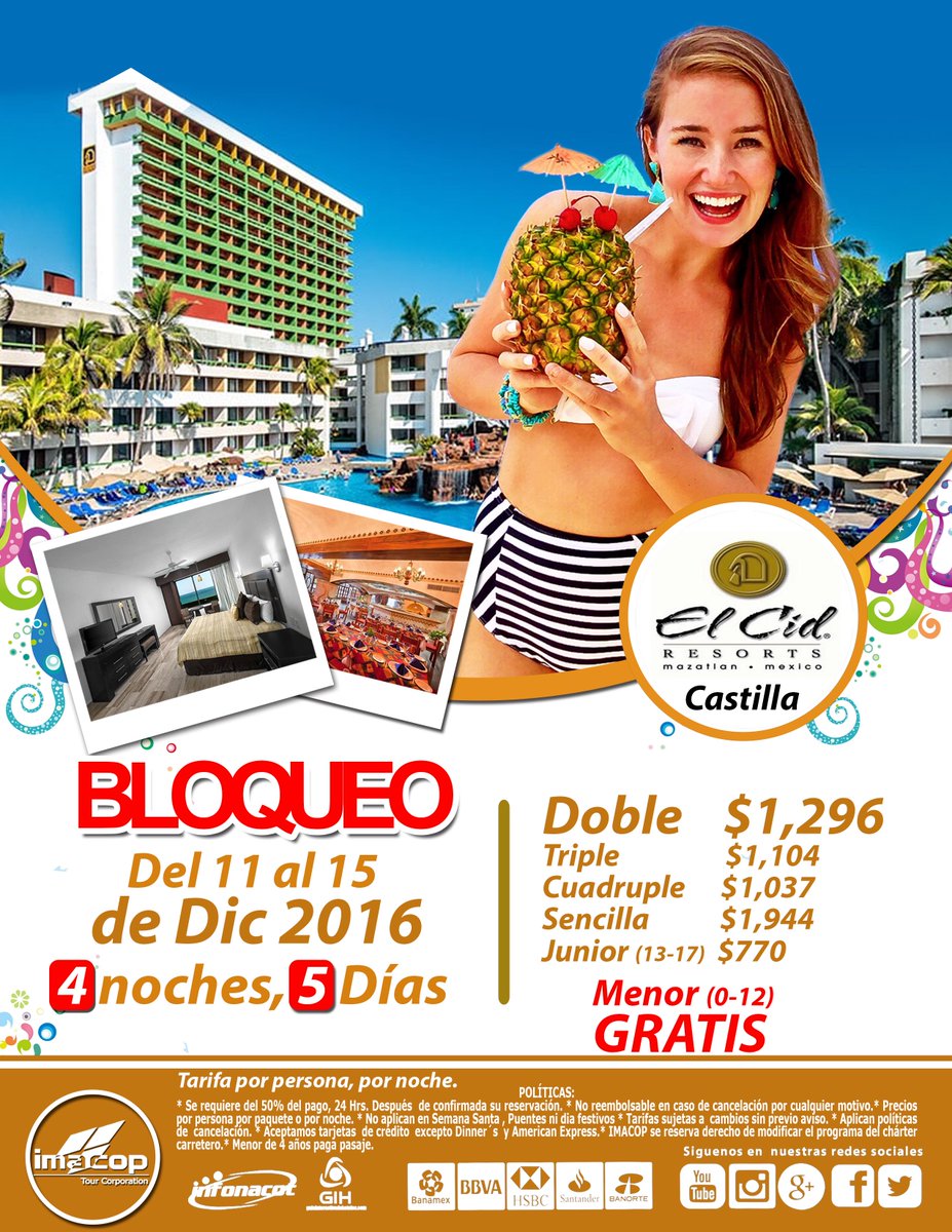 ImacopAgs's tweet photo. Últimas habitaciones!
11 al 15 de diciembre 
Cid Castilla Mazatlán 
*Consulta tu agencia de viajes favorita y pide que reserven con #Imacop* https://t.co/AjOQM3kzLR
