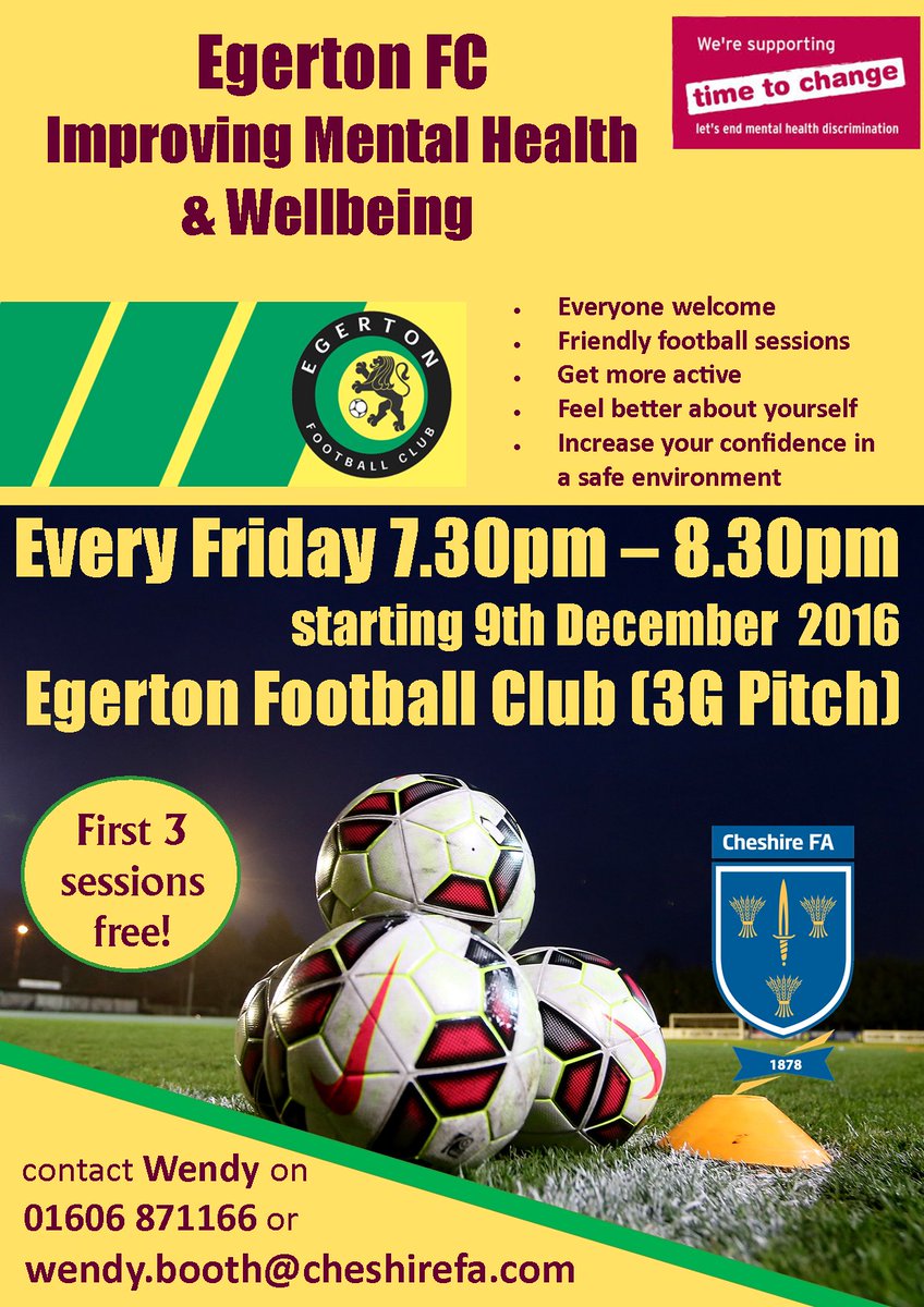 Cheshire_FA's tweet photo. A brand new session begins next Friday (Dec. 9) at @EgertonFC, improving mental health and wellbeing.

See below poster for more info: https://t.co/dk7Hyhz8u7