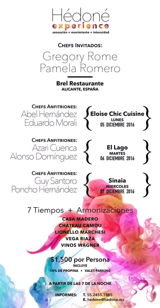 ¡Arranca #HedoneExperience! cena lunes 5 en <a href="/eloiseresto/">Restaurante Eloise</a> con los #chefs Gregory Rome y Pamela Romero de <a href="/BrelRestaurante/">Restaurante Brel</a> #🍷 <a href="/JoseCabreraJCS/">Jose Cabrera</a>