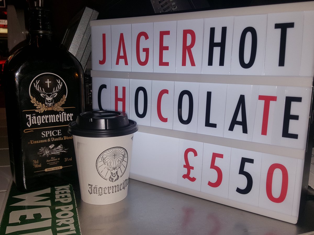 Introducing: Jägermeister Hot Chocolate. Hot choc served with a double shot of Jägermeister Spice, guaranteed to warm you up. <a href="/JagerUK/">Jägermeister UK</a>