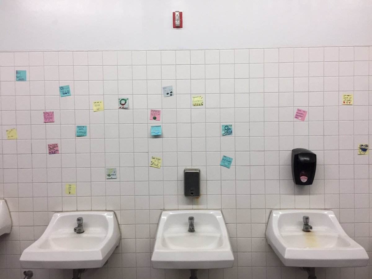 MacieScholz's tweet photo. Whoever put positive sticky notes in the bathroom made my day! #bekindbeabullpup https://t.co/gPqYIBaiNx