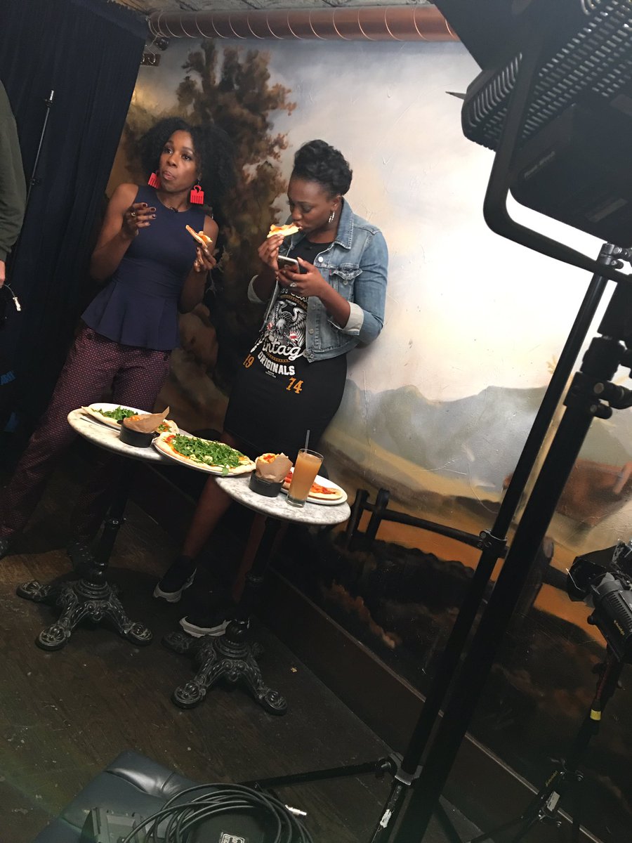 WhatsUpTvUK's tweet photo. Our presenters chowing down on some amazing lunch from @goatchelsea #goatchelsea #lunchtime #pizza https://t.co/U4ezURHVmE