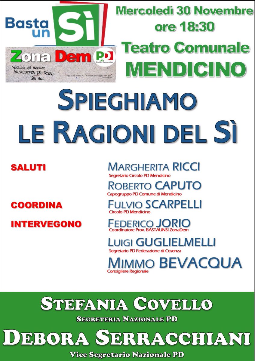 Stasera alle 18,30 a #Mendicino con <a href="/serracchiani/">Debora Serracchiani</a> e <a href="/MimmoBevacqua/">Domenico Bevacqua</a> per spiegare le ragioni del SI