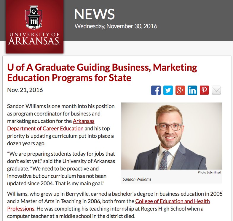 Great article from the University of Arkansas on our new Business &amp; Marketing Program Coordinator, Sandon Williams!
goo.gl/k6OIPe