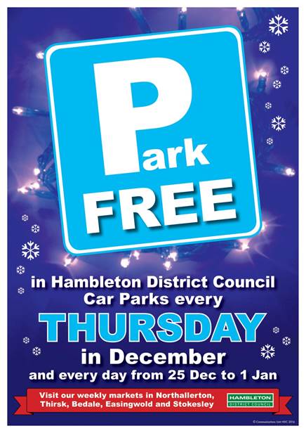 Free parking in all Hambleton District Council car parks every Thursday in December and everyday from December 25 to January 1