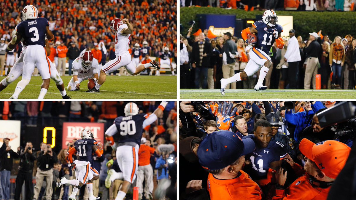 On this date in 2013, Alabama's 57-yard field goal attempt came up short as the clock expired.

Auburn's Chris Davis Jr. did the rest.