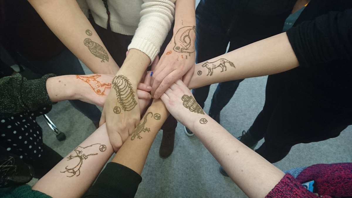 JuliesBicycle's tweet photo. #RemembranceDay for #LostSpecies. We're marking it with henna drawings of extinct animals, bugs and birds. #climatechangematters #COPtimism https://t.co/pmLCjhajC3