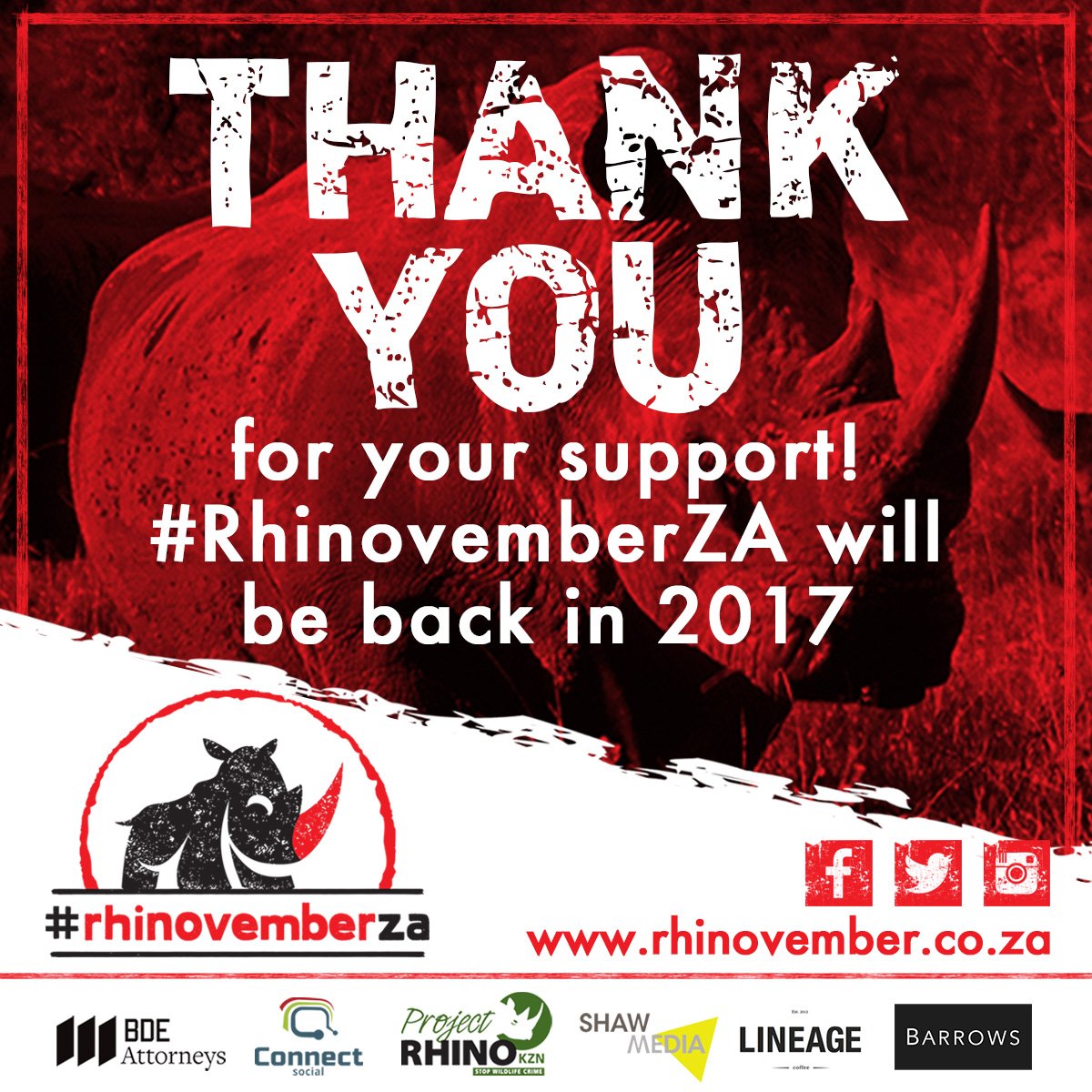RhinovemberZA's tweet photo. THANK YOU! Your support is what drives this campaign. Visit our website at https://t.co/PqnP92Y1Sa | #RhinovemberZA #PoachingIsNoJoke https://t.co/5ecuhm3FjS