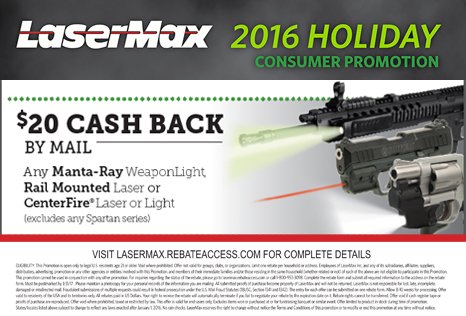LaserMax_Inc's tweet photo. Spread The Word on the @LaserMax_Inc $20 Mail-In consumer rebate on any CenterFire, Rail product. https://t.co/tiXUfI5PP1 #lasermax #rebate https://t.co/N4qDACKTxR