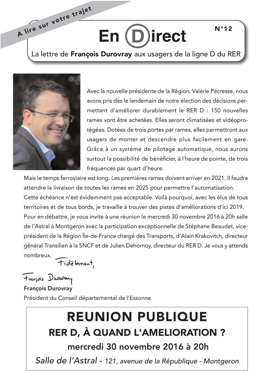 durovray's tweet photo. Réunion publique @RERD_SNCF 20 h L'Astral 121 av.République #Montgeron Venez poser des questions au Directeur IDF #SNCF https://t.co/PKxeiPeOew
