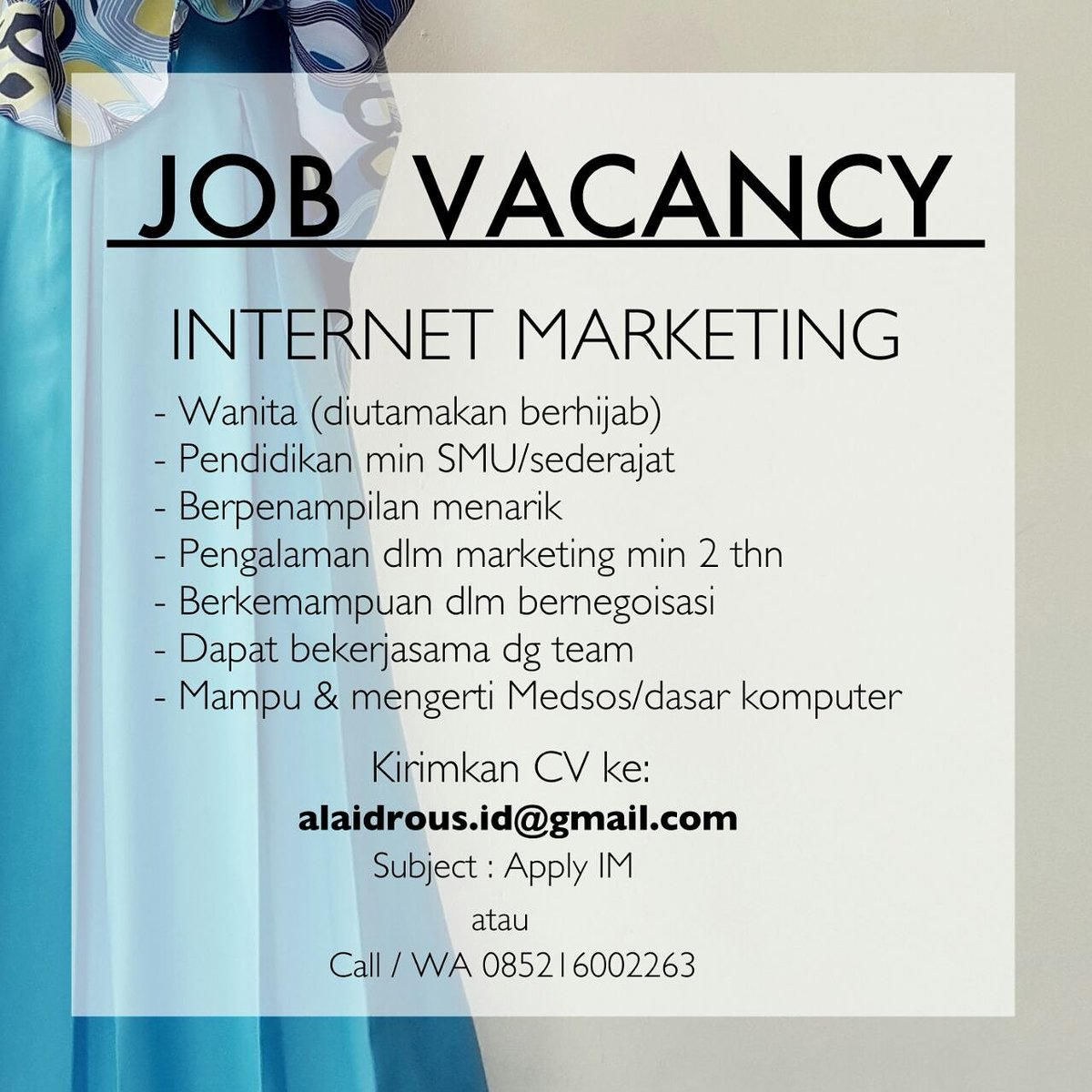 ALAIDROUS we are hiring:ADMIN SALES and INTERNET MARKETING Berpengalaman 2thn , u/ di JKT , more info alaidrous.com