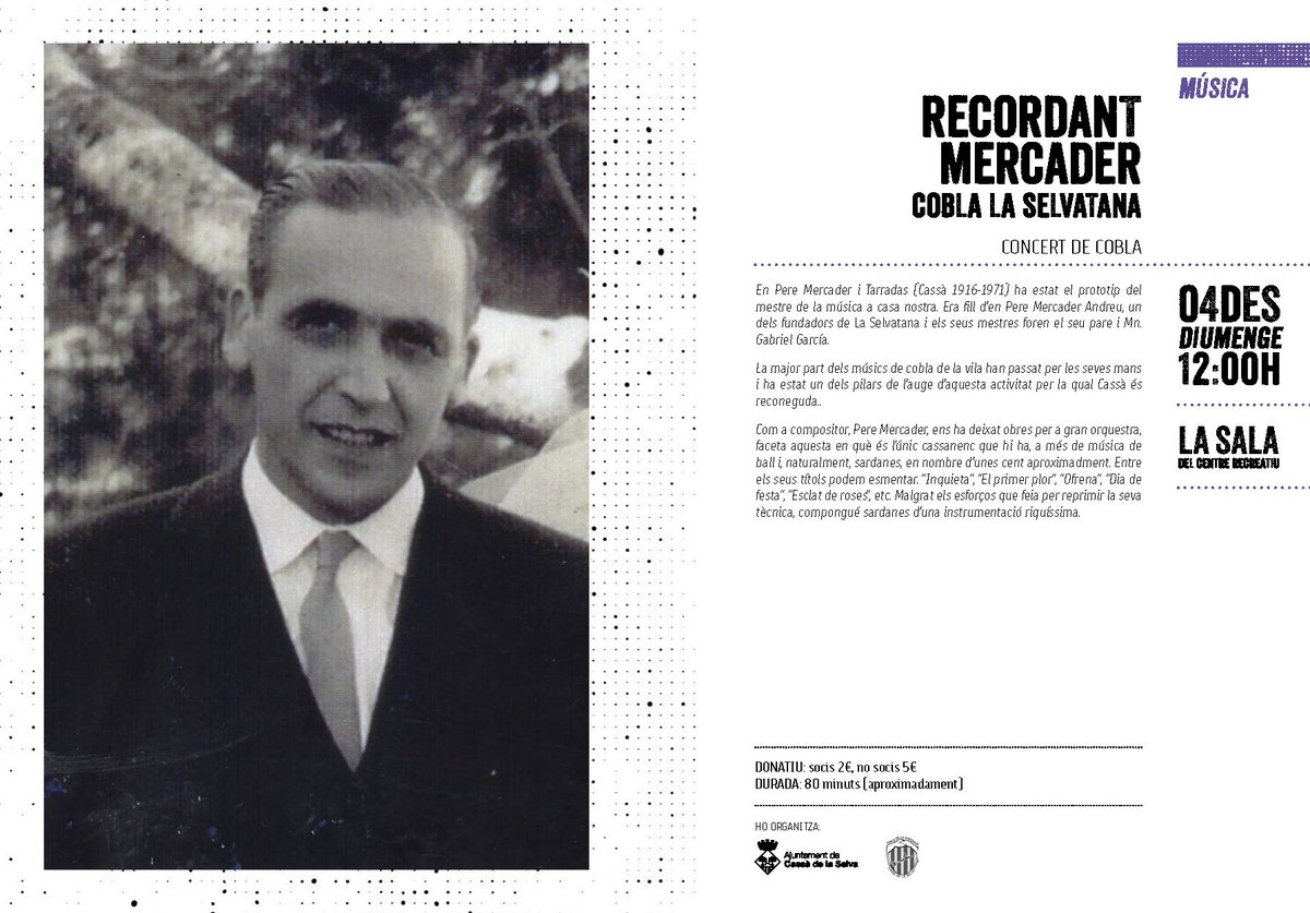ajcassa's tweet photo. Diumenge 4 a les 12 h a la Sala Centre Recreatiu RECORDANT MERCADER i presentaci� del cd commemoratiu amb la Cobla La Selvatana #agendaCas� https://t.co/NlT6Qj0hLk