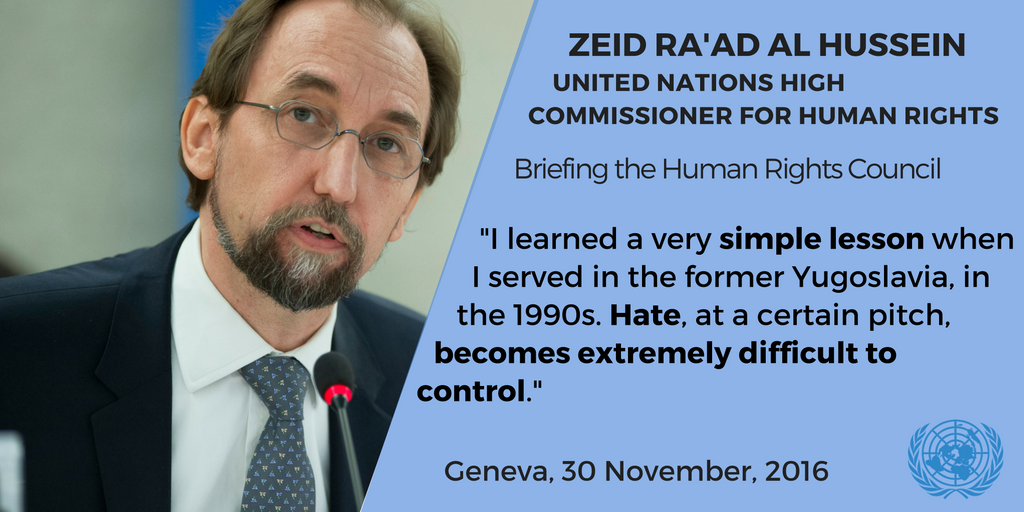 UNGeneva's tweet photo. "Today I fear that the deliberate cultivation of the volcanic forces of hatred will hasten violence." - HC Zeid to the Human Rights Council https://t.co/FUU6fhuSQp