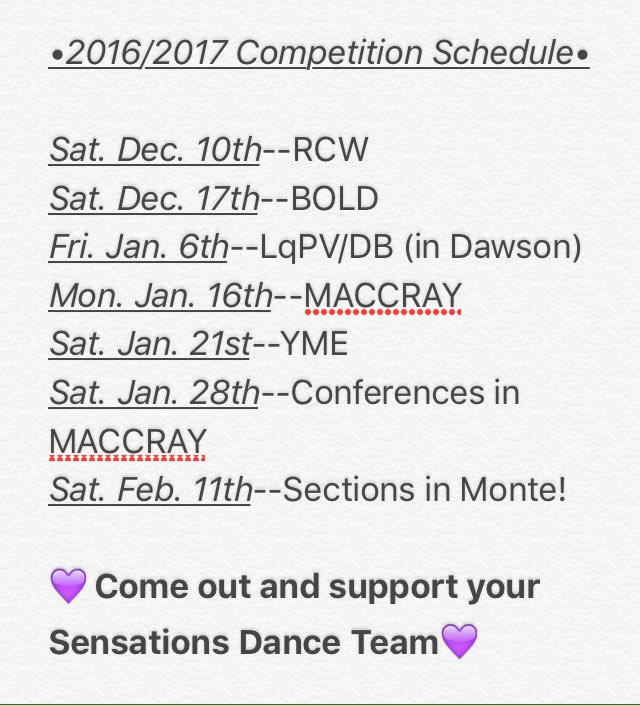 With the competition season quickly approaching...here is our schedule for fans who wanna come out and cheer us on! 😊💜