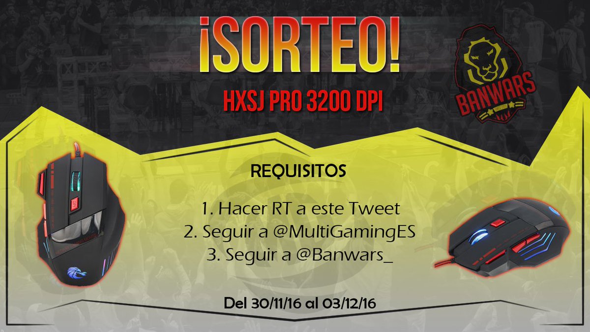 🔔 ¡#SORTEO de un Gaming Mouse HXSJ Pro 3200 DPI!

Para participar➡ Haz #RT, Sigue a @MultiGamingES y a <a href="/Banwars_/">Banwars Asoc.</a> 
¡Muchísima suerte a todos!