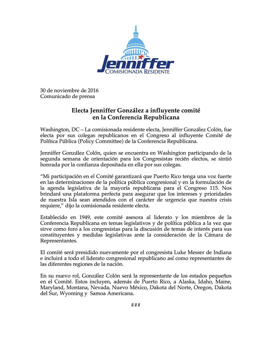 PR_Governance's tweet photo. La Comisionada Residente @Jenniffer2012 ha sido seleccionada para representar 13 Estados en el Comité de Política Pública (@GOPpolicy). https://t.co/TXpnd4oc6F