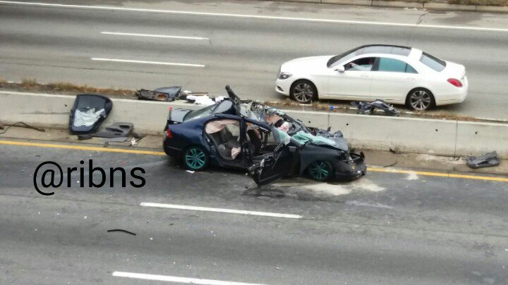 Debris all down the highway, including speakers, subwoofers and parts of the car. RISP has skid marks painted.