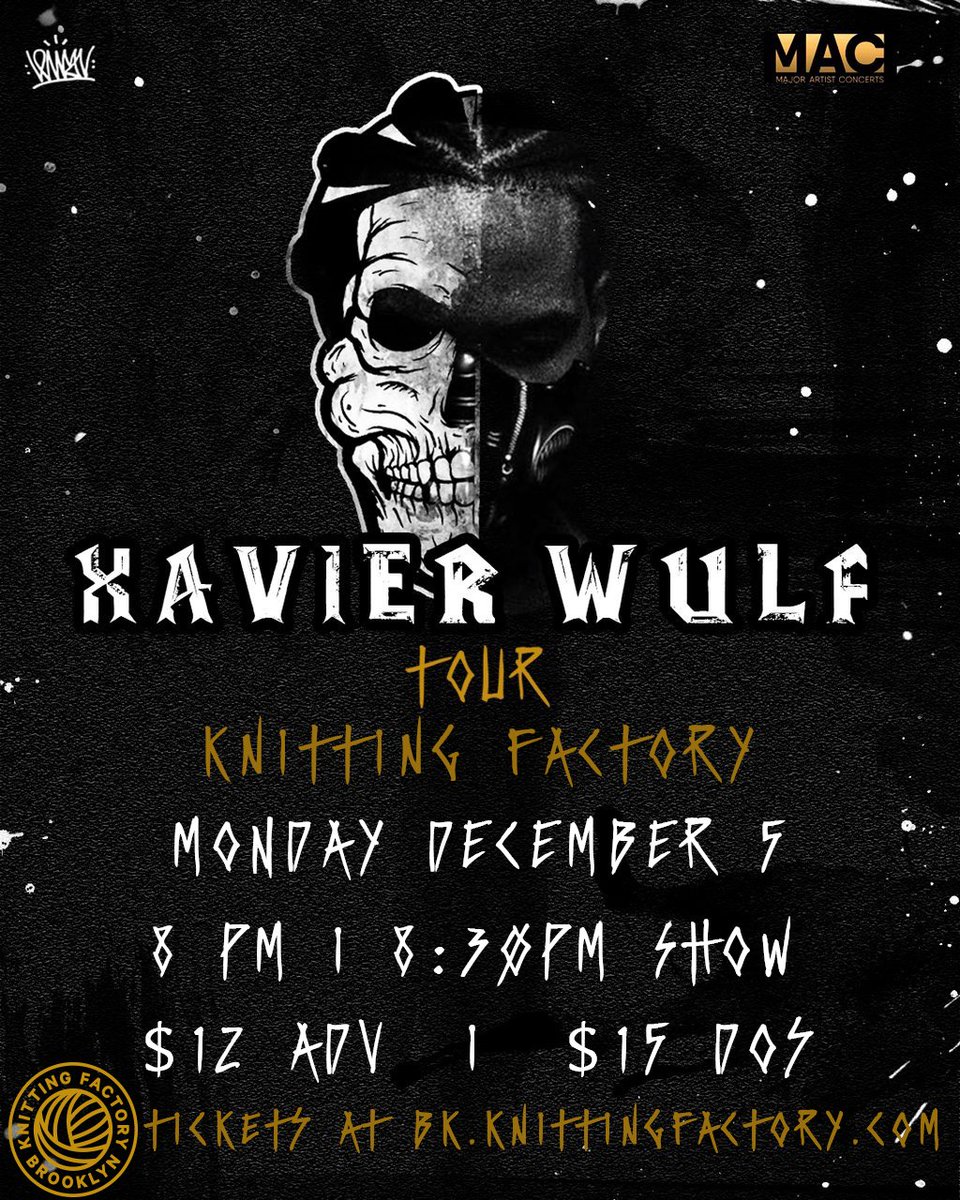 KnitFactoryNYC's tweet photo. TONIGHT! Rapper @XavierWulf is taking the stage by storm w/ @mattcitronmtz @FREEWILLRAP @SWAGTOOF #AaronCooks
https://t.co/0exgKSJcel https://t.co/nj3bHvJ5ji