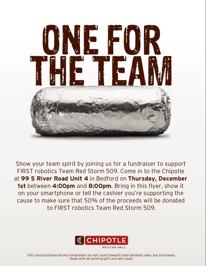 RedStorm509's tweet photo. Do you want an excuse to go to chipotle? Go tmro from 4-8PM and tell the cashier you're supporting Red Storm Robotics! #DoItForAlice https://t.co/xHk1jFOkel