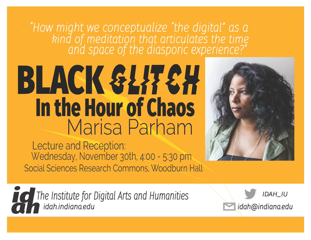 IDAH_IU's tweet image. Can't make it to Marisa Parham's talk this afternoon? We'll be live tweeting starting @ 3PM #IUDH #DiversityInDH #criticaldigital