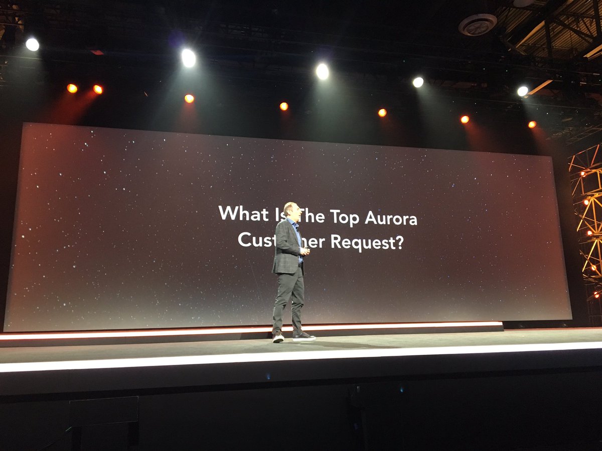 AWSEvents's tweet photo. The top Aurora customer request is to make it PostgreSQL, announcing now PostgreSQL for Aurora #AWS #reInvent https://t.co/asGA1UAxN3