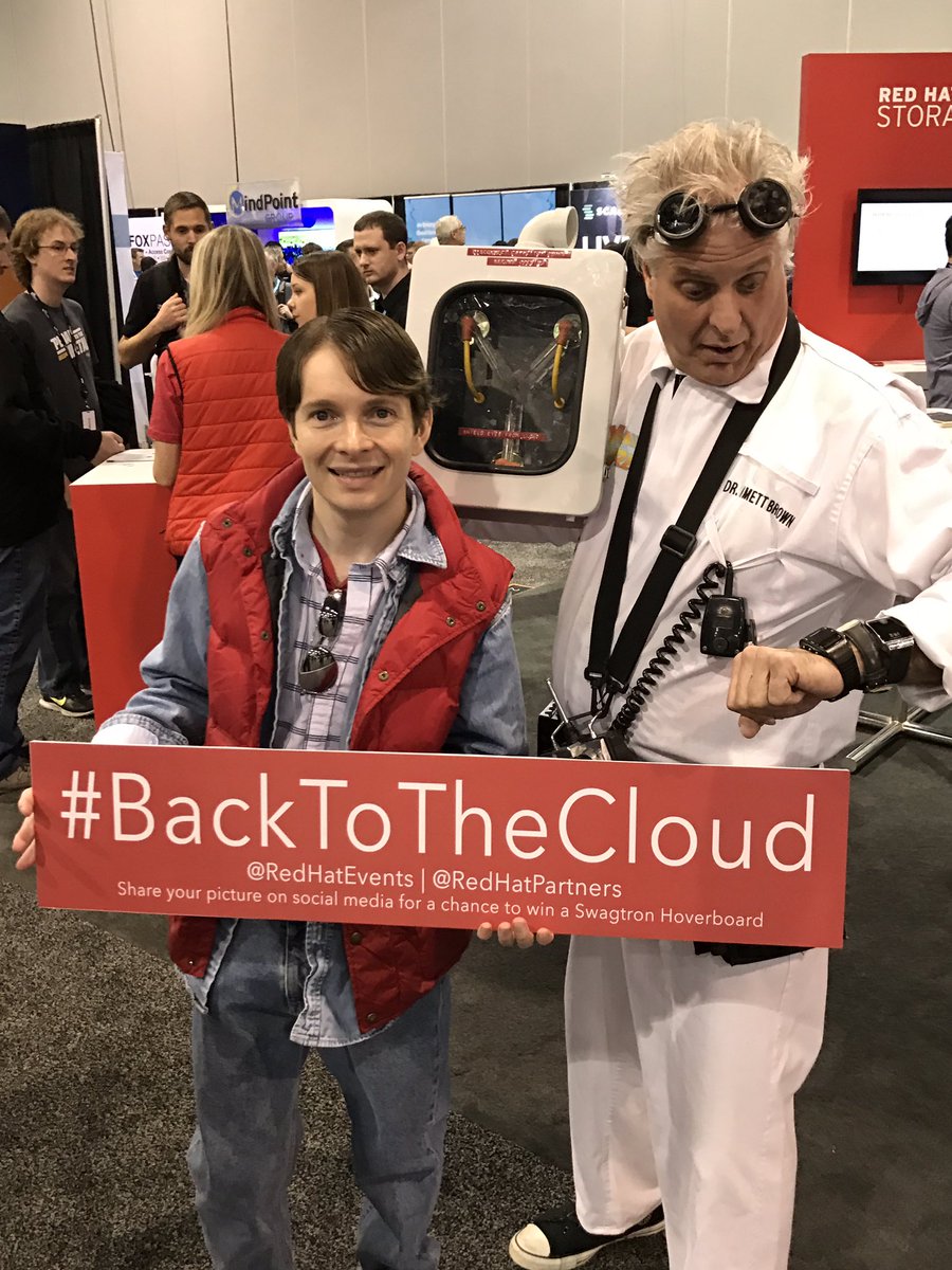 AWSEvents's tweet photo. Marty &amp; Doc are at the @RedHatEvents booth -- check out their #RedHat branded Amazon Echo! #reInvent #BackToTheCloud https://t.co/9ZEDDPcPfo