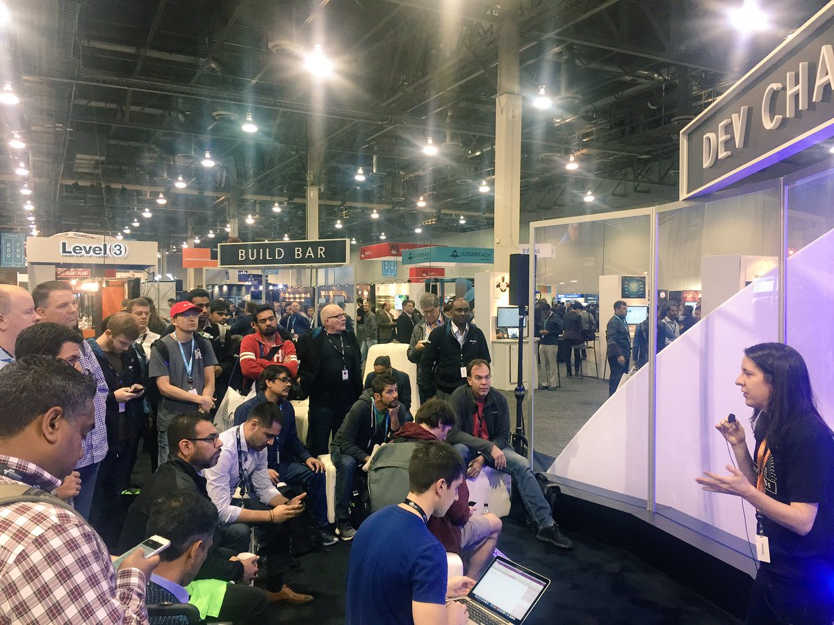 bijfeldcush's tweet photo. Come visit the #developerlounge at the @AWSreInvent expo hall! Dev Chats have started and Lamdas drawing a crowd! https://t.co/gQeXtCfaEE