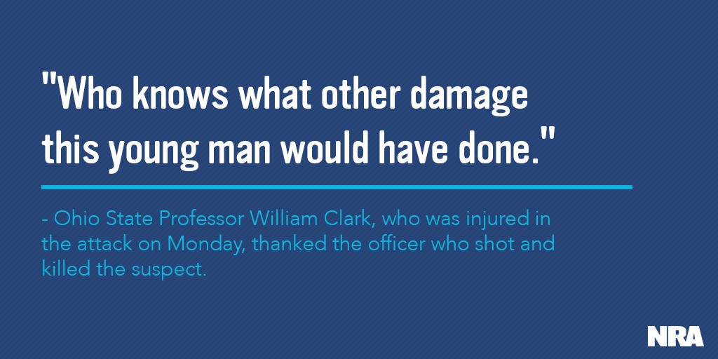 NRA's tweet image. Professor hurt at college praises officer who shot attacker nr2a.org/Fg #2A #OhioStateUniversity