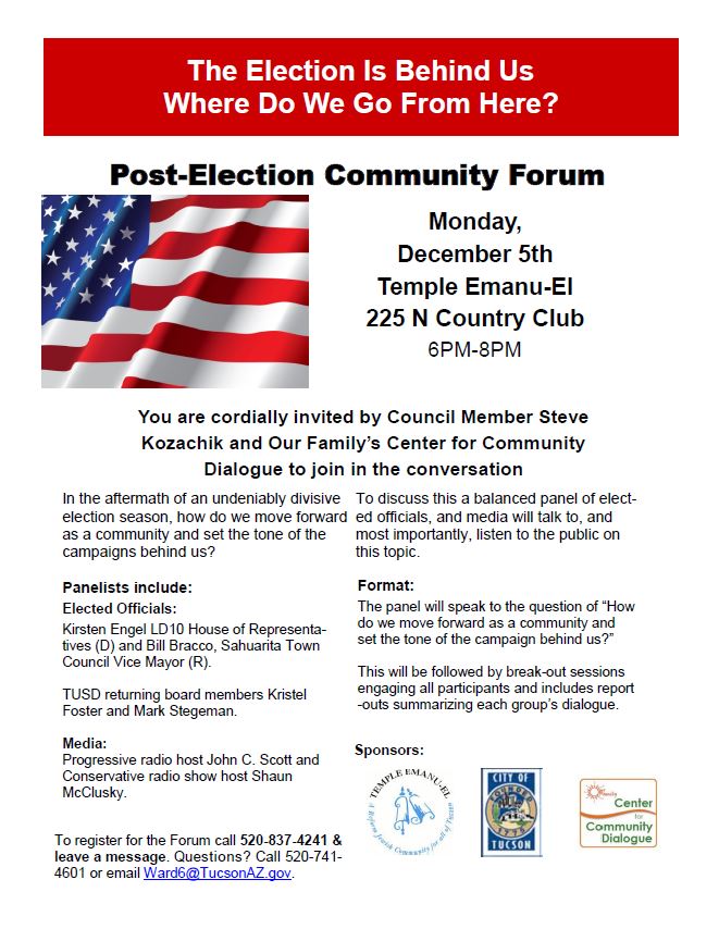 CforCD_Tucson's tweet photo. The election is behind us - where do we go from here? Join us for the Post-Election Community Forum on 12/5. RSVP: https://t.co/K4YuFSoqCT https://t.co/9oZ01D6m0W