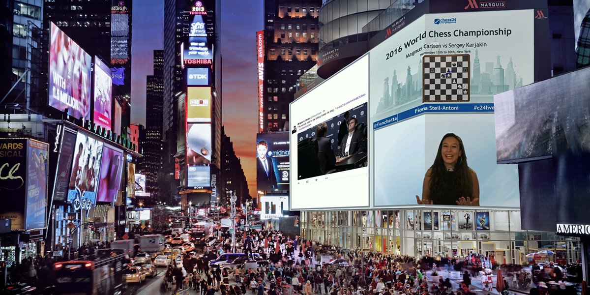 AntonSquaredMe's tweet photo. @fionchetta Times Square right now! #CarlsenKarjakin https://t.co/NktuF0Ghtl