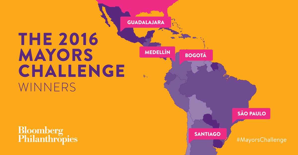 Just announced! The 2016 #MayorsChallenge winners are @Bogota, @GuadalajaraGob, @AlcaldiadeMed, @Muni_Stgo, and @prefsp. Congratulations!