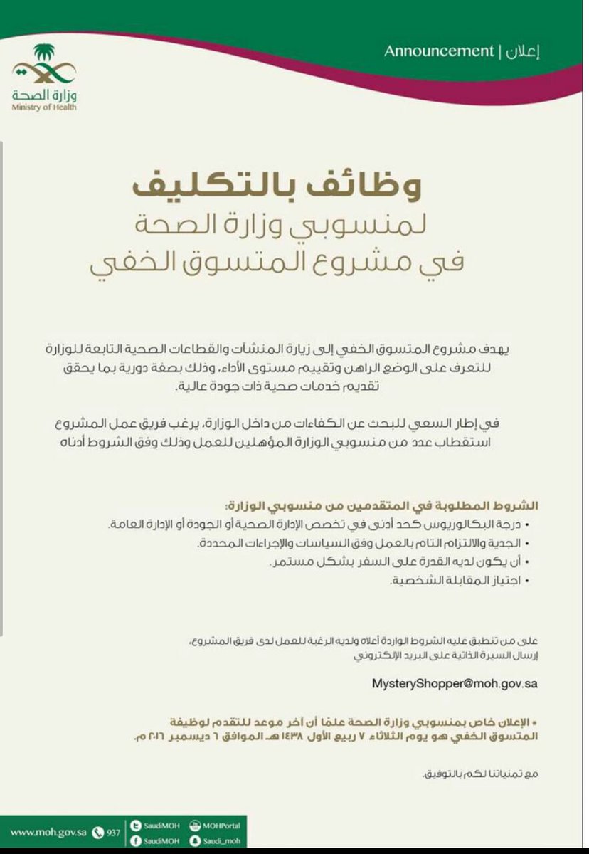 وظائف بالتكليف لمنسوبي وزارة الصحة في ادارة تطوير بيئة العمل وظائف السعودية
