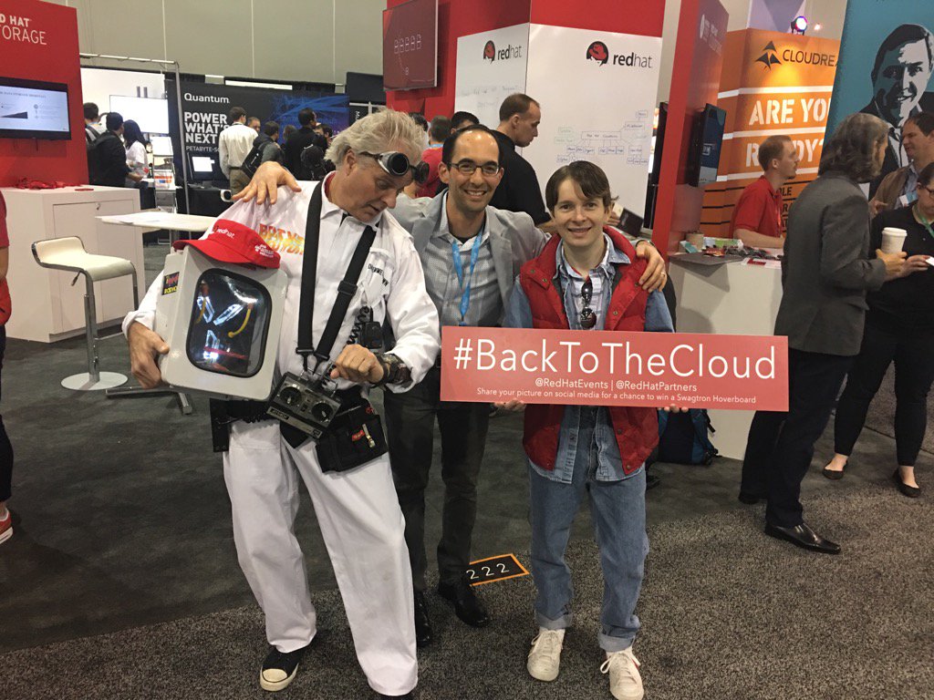 rlondner's tweet photo. I am #BackToTheCloud with Doc, Marty McFly and @RedHatEvents ! But where's Biff? Lurking into an EC2 instance, maybe? https://t.co/5BjDWnD0w1