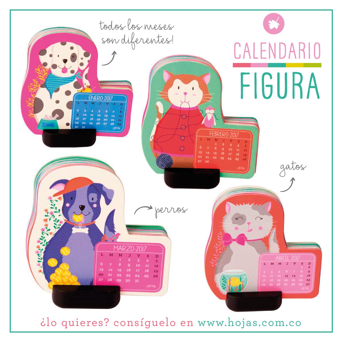 Tus días van a ser más felices con nuestros amigos en tu escritorio! 6 perros y 6 gatos que te acompañarán en este 2017! #hojas #diseno