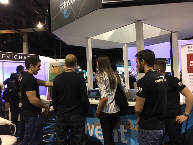 MLHacks's tweet photo. At @AWSreInvent? Stop by the #developerlounge and meet the team behind Synesthesia, a hack built at students at @bitcmp! #MLH2017 #Reinvent https://t.co/sVM2n7ErYn