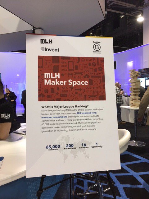 MLHacks's tweet photo. At @AWSreInvent? Stop by the #developerlounge and meet the team behind Synesthesia, a hack built at students at @bitcmp! #MLH2017 #Reinvent https://t.co/sVM2n7ErYn