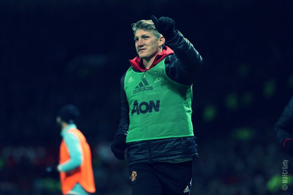 ManUtd's tweet photo. PIC: Bastian Schweinsteiger waves to the fans as he warms up on the touchline. #MUFC https://t.co/MDULOlRkHJ