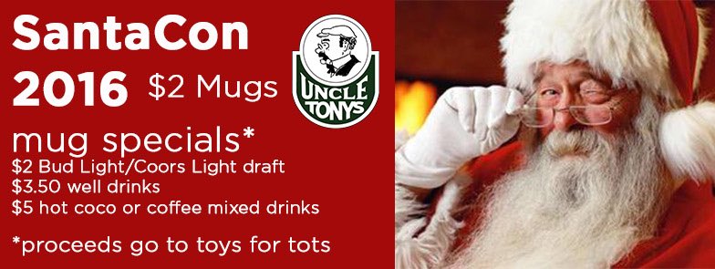 UncleTonysBar's tweet photo. Santacon mugs are now available! A $2 mug gets you awesome specials &amp; the proceeds go to #ToysforTots again this year 🍻🎅🏼 https://t.co/VUqifKzkC6