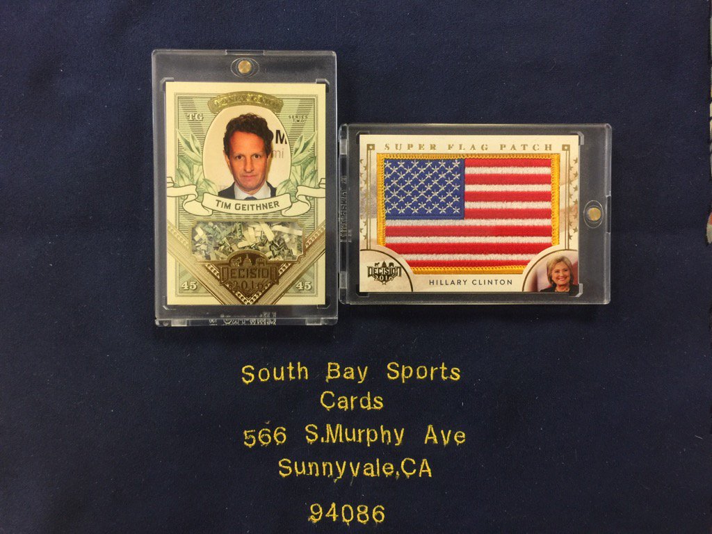 SBaySportsCards's tweet photo. Hot pulls by customer @decision16cards Series Hillary Clinton Super Flag Patch &amp; Tim Geithner Money @SHOWYOURHITS https://t.co/ttIPub1mto