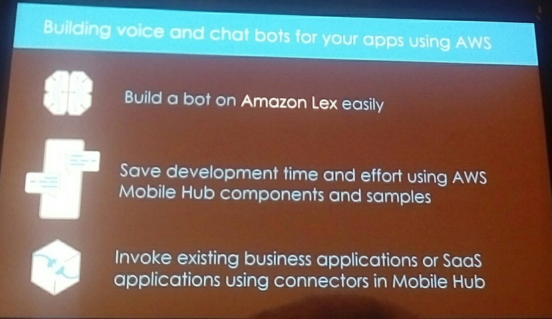 AWSEvents's tweet photo. Amit discusses how to make it easier to have engaging experiencing with Mobile using services like Amazon Lex & Mobile Hub #reInvent #MBL201 https://t.co/qvBcVtBewy
