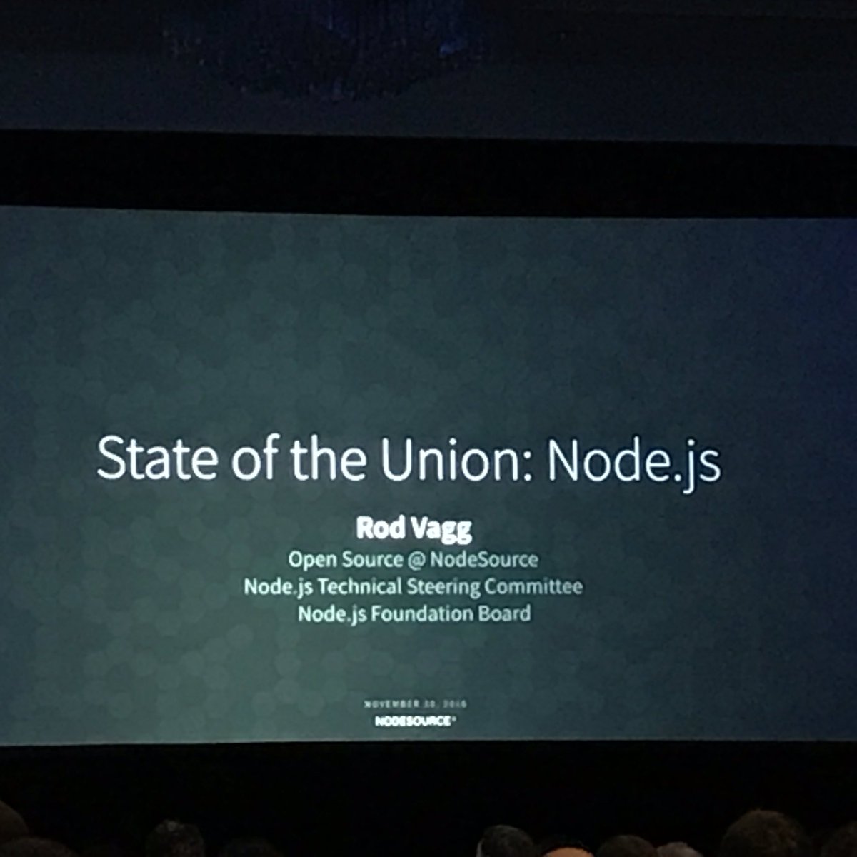 rosskukulinski's tweet image. Nearing the end of #NodeInteractive and we have @NodeSource's Chief Node Officer, @rvagg giving a state of the union of #NodeJS
