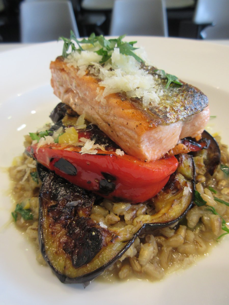 Grilled #salmon on Med veggies &amp; barley risotto #cookingclass #EatMoreFish