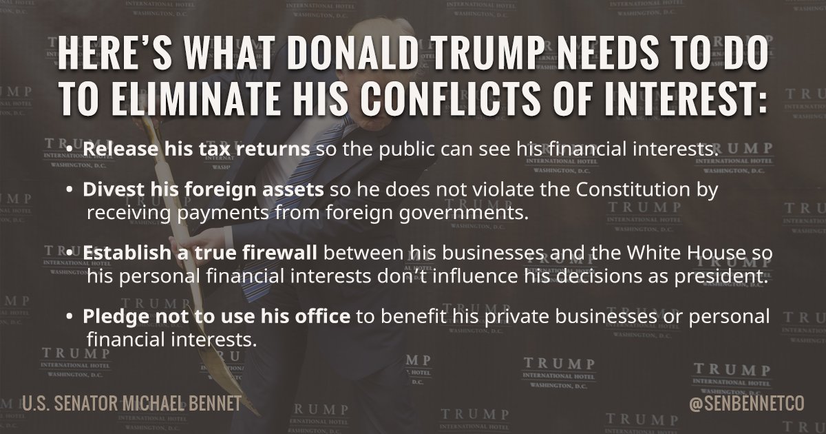 We need to learn more details about how <a href="/realDonaldTrump/">Donald J. Trump</a> plans to avoid conflicts of interest as president. Here's what I'd like to see: