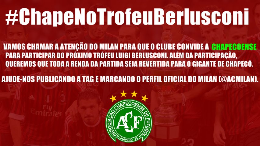 ConexaoDRT's tweet photo. O @ACMilan_Brasil também faz sua campanha. Vamos ajudar. #ChapeNoTrofeuBerlusconi #HelpChapePL https://t.co/OWs3KJ87VO